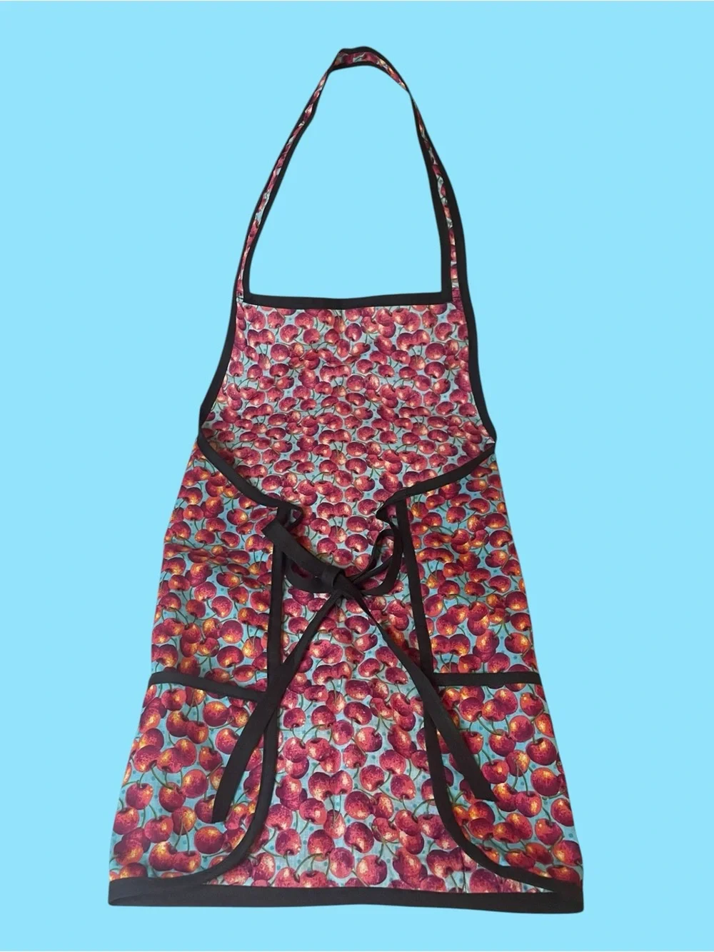 Kitchen Cherry Apron & Apple Oven Mitt Blue Red Green Cooking Baking NEW NWT